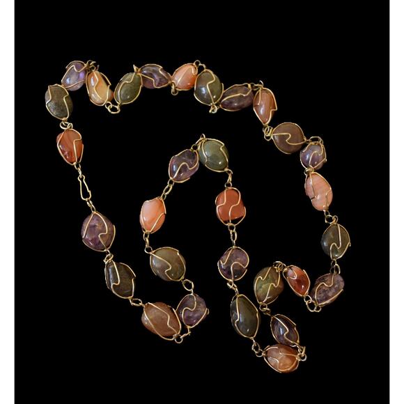 Vintage 80's Wire Wrapped Multi Stone Agate Necklace - 30 Inch Single Strand - Picture 1 of 4